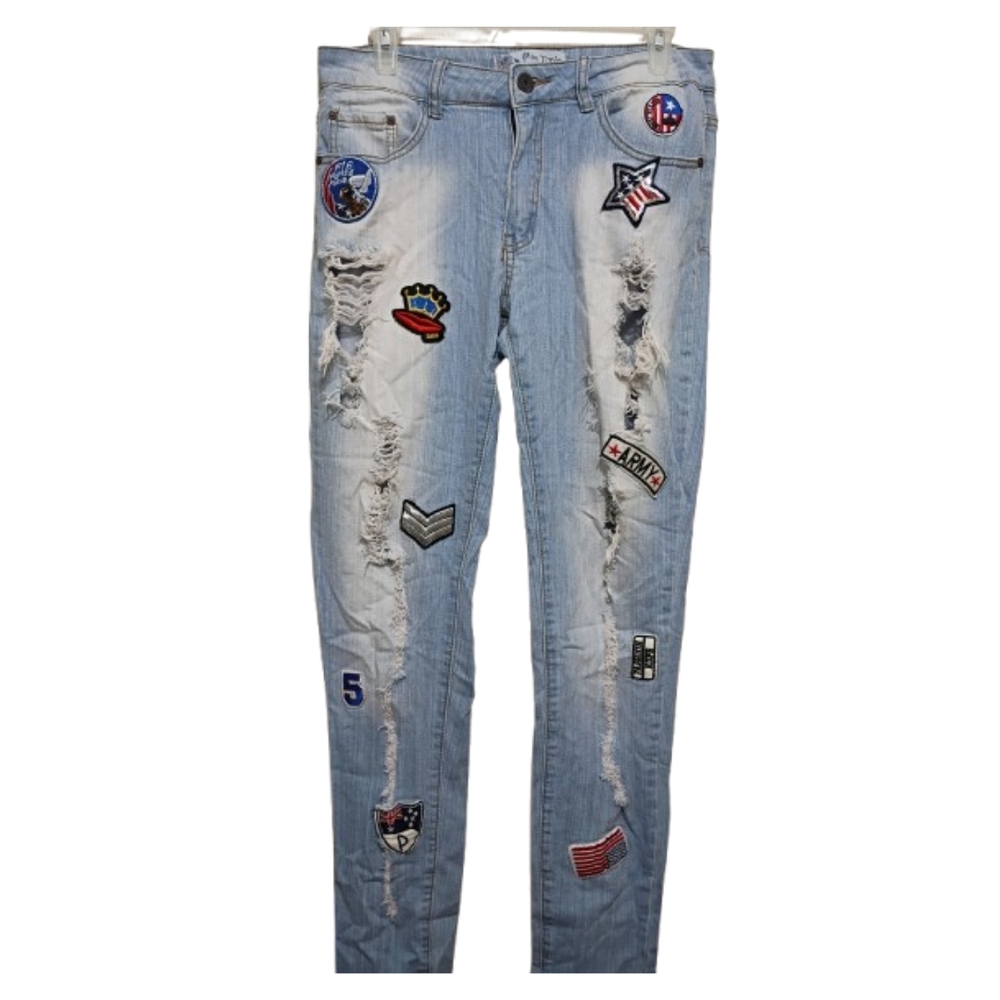 Blue Topic Light Blue Distressed Jeans With Military Patches